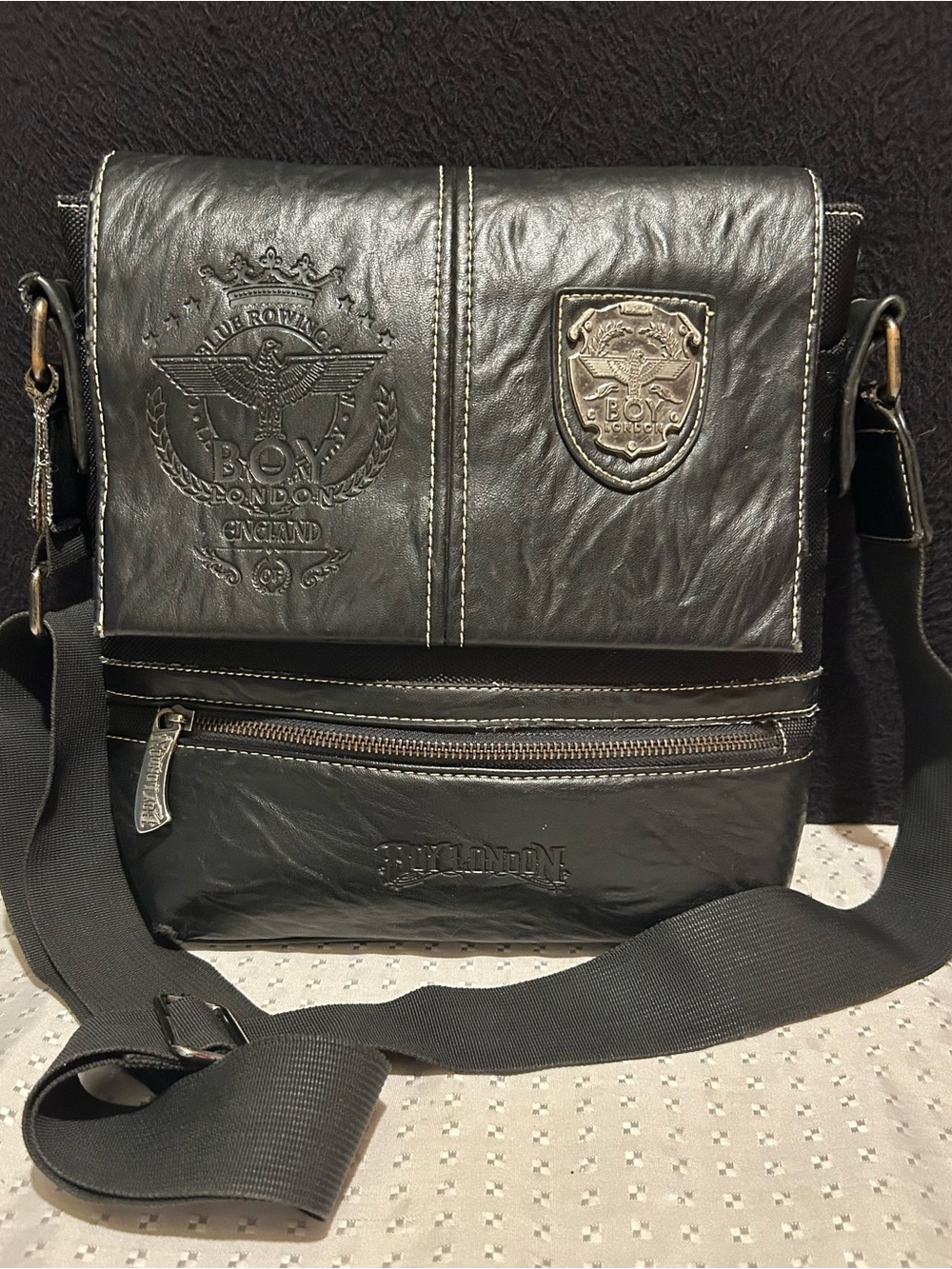 Vintage Boy London Black Leather Messenger Bag Shoulder Bag Satchel Crossbody